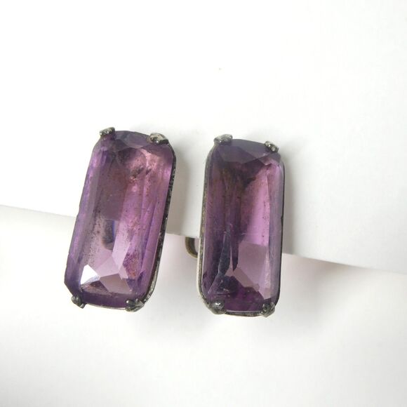 Vintage Sterling Silver Purple Stone Screwback Earrings - Picture 1 of 10